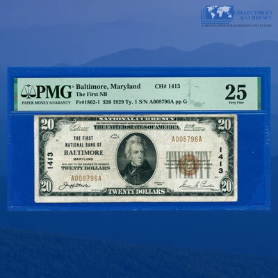 1929 $20 First National Bank Of BALTIMORE, MD, Charter #1413, PMG 25 - Image 1 of 3