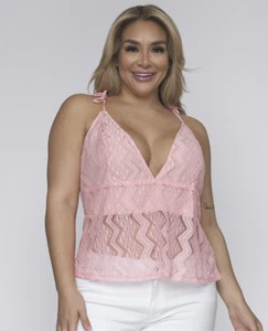 SEXY Baby Pink LACE Tank Top SIZE 3XL Womens Plus Tie V NECK Spaghetti Straps - Picture 1 of 3
