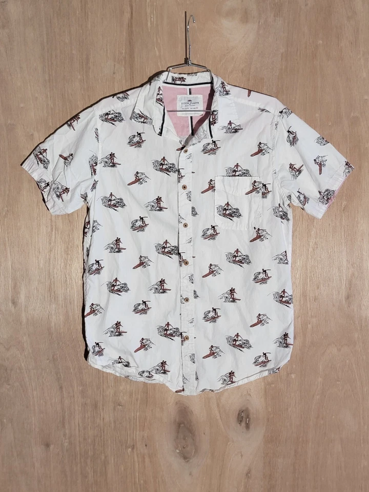 ditch plains button up shirt mens M classic fit short sleeve collard surf white - Image 1 of 4