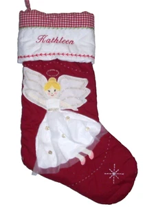 Pottery Barn Kids Red Angel Quilted Gingham Christmas Stocking KATHLEEN MONOGRAM - Picture 1 of 3