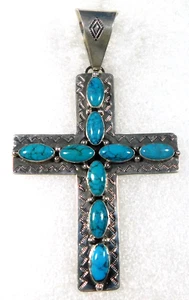 NAVAJO E. WYLIE STERLING Stamped 9 TURQUOISE HANDMADE CROSS PENDANT - Picture 1 of 3
