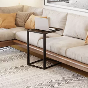 Industrial C-Shape Side Table with Steel Frame Foot Pads for Bedroom Brown - Picture 1 of 11