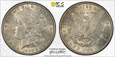 Моргановский доллар 1898-S PCGS AU58 - белый - блеск колеса повсюду - PQ AU58 - Изображение 1 из 4