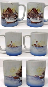 VTG Otagiri Nautical Coffee Mug Cup Seaside Fishing Boat Seagull Lighthouse x 2 - Picture 1 of 10