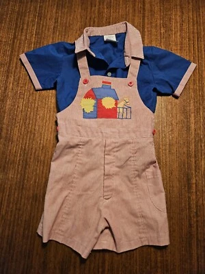 Vintage Joyeux Gamins Happy Kids Horse Barn  Boys Red Striped Overalls Size 4 4T - Image 1 of 4