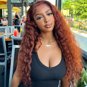 Reddish Brown Water Wave 13x4 Full Lace Front Human Hair Wig Glueless Curly Wigs - Picture 1 of 12