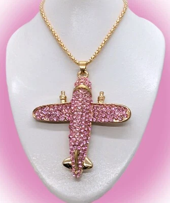 Awesome & Sparkly! Betsey Johnson Fine Pink Crystal Airplane Jet Plane Necklace - Image 1 of 4