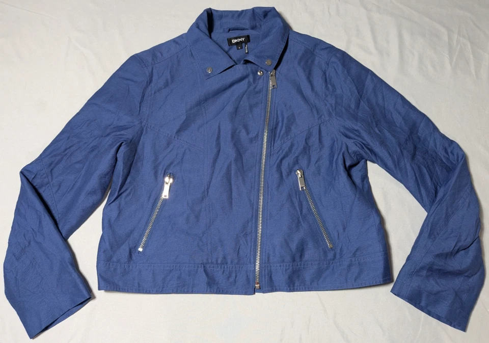 Chaqueta de motocicleta DKNY para mujer talla XL azul rayón nailon cremallera asimétrica manga larga Foto 1 de 4