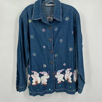Dress Barn Womens Denim Christmas Button Up Top Size 2X Embroidered Polar Bears - Image 1 of 4