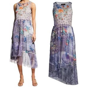 Johnny Was Size XL BIYA Silvana Mesh Dress W/Slip Embroidery Asymmetrical Hem - Picture 1 of 6