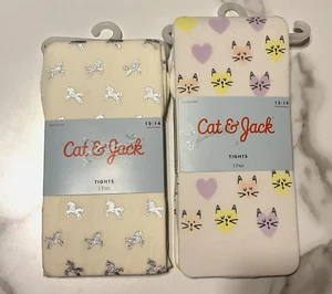 Cat & Jack Ivory Footed Tights Silver Unicorns and Cat Face Prints Size 12-14 - Picture 1 of 2