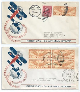 (2) US FDC C19 6c Winged Globe Blk and Single +2c Jul 1 1934 Lot of 2 - Picture 1 of 6