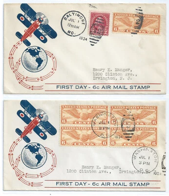 (2) US FDC C19 6c Winged Globe Blk and Single +2c Jul 1 1934  Lot of 2 - Image 1 of 4