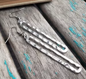 925 Sterling Silver Long Unique Earrings Handmade Hammered Pretty Earrings Gift - Picture 1 of 7