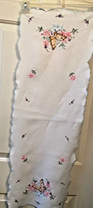 Vintage Hand Embroidered Dresser Scarf 40" x 13" Butterfly Flowers Blue Trim - Picture 1 of 7