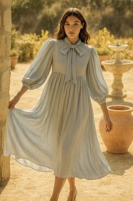 Jen's Pirate Booty Dress Womens XS Silver Puff Sleeve Rayon Silk Boho Made USA - Image 1 of 4