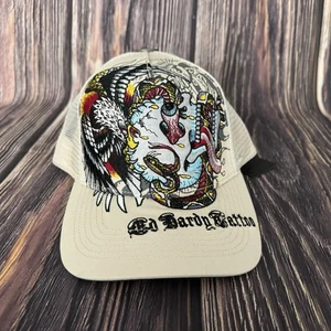 Ed Hardy Trucker Hat Embroidered Tattoo Battle Skull Cream Snapback Mesh Cap - Picture 1 of 8