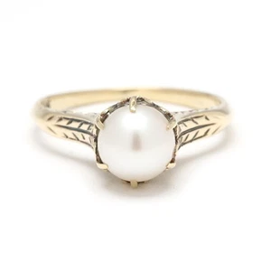 Antique Pearl Engraved Solitaire Ring, 14k Yellow Gold, Ring Size 6.25 - Picture 1 of 5
