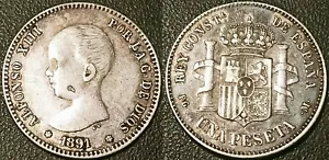 Espagne - Alfonso XIII - 1 peseta argent 1891 PG-M, Madrid TTB + ! KM#691 - Foto 1 di 1