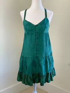 Vintage Free People Seiden bestickt Rüschen Stufen Kleid 2 4 S grün ärmellos - Bild 1 von 12
