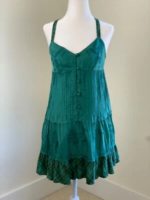 Vintage Free People Silk Embroidered Ruffle Tiered Dress 2 4 S  Green Sleeveless - Image 1 of 4