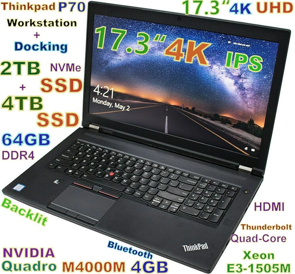 Workstation Thinkpad P70 XEON FAST 6TB SSD 64GB 17.3 4K UHD M4000M + DOCKING - Image 1 of 4