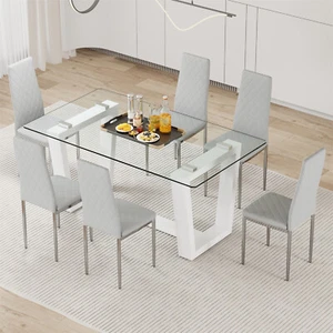 7 Piece Dining Set Dining Table & 6 Chair Kitchen Breakfast Furniture Light Gray - Picture 1 of 14