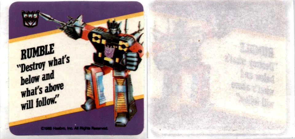 1985 Hasbro Milton Bradly, Transformers Card, Sticker - Rumble (B39) - Image 1 of 1