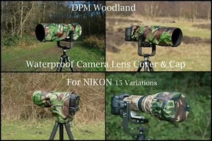 Per Nikon impermeabile DPM Woodland mimetico fotocamera copriobiettivo e SET TAPPI - Foto 1 di 12