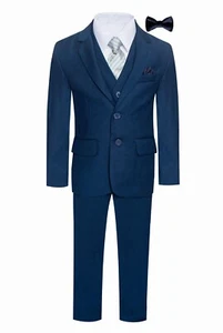 Boy's Suit Pants Vest Blazer Tie Soft Navy 5 Pcs Classic Fit Notched Lapel ST-8 - Picture 1 of 2
