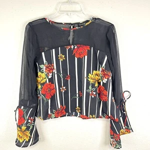 DEREK HEART Y2K Crop Top Bell Sleeve Womens Small Black Floral Going Out Chiffon - Picture 1 of 13