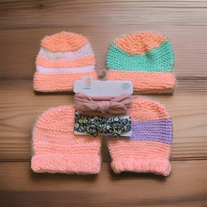 Baby Girl Knit Beanies Set of 4 & Carters Just One You Baby Girl Headbands New - Picture 1 of 11