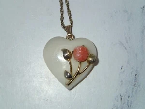 Vintage Gold Filled Mother of Pearl Heart Pink Coral Flower Pendant & Necklace - Picture 1 of 13