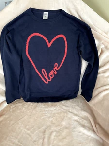 R34 Preowned OSHKOSH Girls 8 Blue cotton Sweater with Love heart in coral color. - Picture 1 of 5