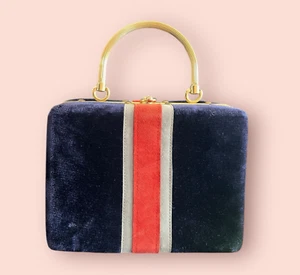 Vintage 1960s Italy Rosenfeld Blue Red Stripe Suede Velvet Box Hand Bag Purse - Picture 1 of 15