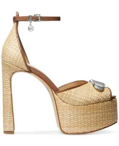 Michael KORS MARTINA RAFFIA SILVER MK LOGO CHARM PLATFORM SEXY 8.5 I LOVE SHOES - Picture 1 of 6