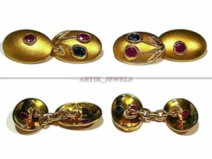 Heated Ruby & Heated Sapphire Gemstone With Gold Plated Silver Cufflink #2533 - Picture 1 of 3