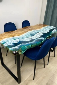 Handmade Ocean Epoxy Resin Table | Live Edge Dining Table | Sea Style Resin Art - Picture 1 of 14