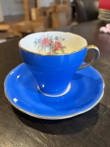 Adderley Bright Blue Teacup And Saucer With Pink Flowers - Picture 1 of 8