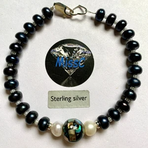 Rainbow Pearl and Abalone Rondelle 925 Sterling Silver Bracelet handmade in UK - Picture 1 of 5