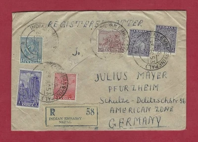 NEPAL, Embajada de la India 1953 matasellos en portada registrada a zona americana ALEMANIA Foto 1 de 2