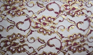 2 Yard s Glitter Gold Roses on Burgundy Lace  Fabric 72" X 58" - Picture 1 of 3