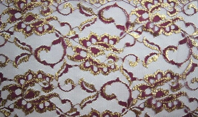 2 Yard s Glitter Gold Roses on Burgundy Lace  Fabric 72" X 58" - Image 1 of 3