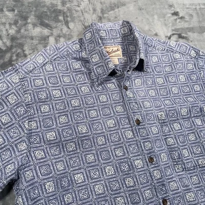 Винтажная шерстяная рубашка мужская большая синяя с геометрическим принтом с коротким рукавом на пуговицах Y2K - Изображение 1 из 4
