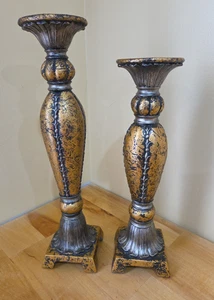 Matching Pair of Tall Gold and Black Pillar Candle Holders - Picture 1 of 6