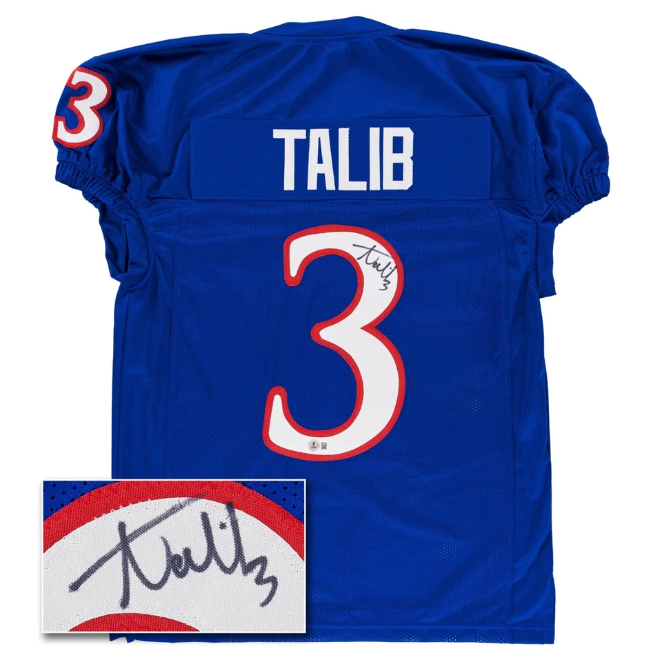 Camiseta de fútbol americano universitario azul automático de Kansas Jayhawks firmada por Aqib Talib (Beckett) Foto 1 de 4