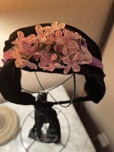 Victorian Velvet Bonnet Black Pink Flowers Hand Made Antique Vintage Hat - Picture 1 of 8