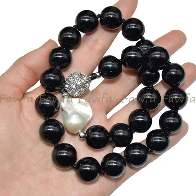 Collar de perlas barrocas Keshi blancas cuentas gemas redondas ágata negra natural de 6-14 mm Foto 1 de 4