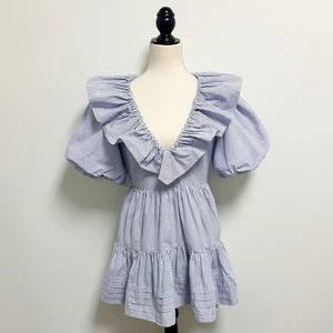 Mini Vestido Saylor Azul Blanco Rayas Zerina Sumergido Cuello en V Abullonada Manga Corta S - Imagen 1 de 12