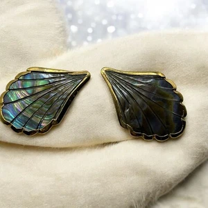 Abalone earrings with a gold border, shaped like a stylized seashell. Boho Chic - Picture 1 of 4